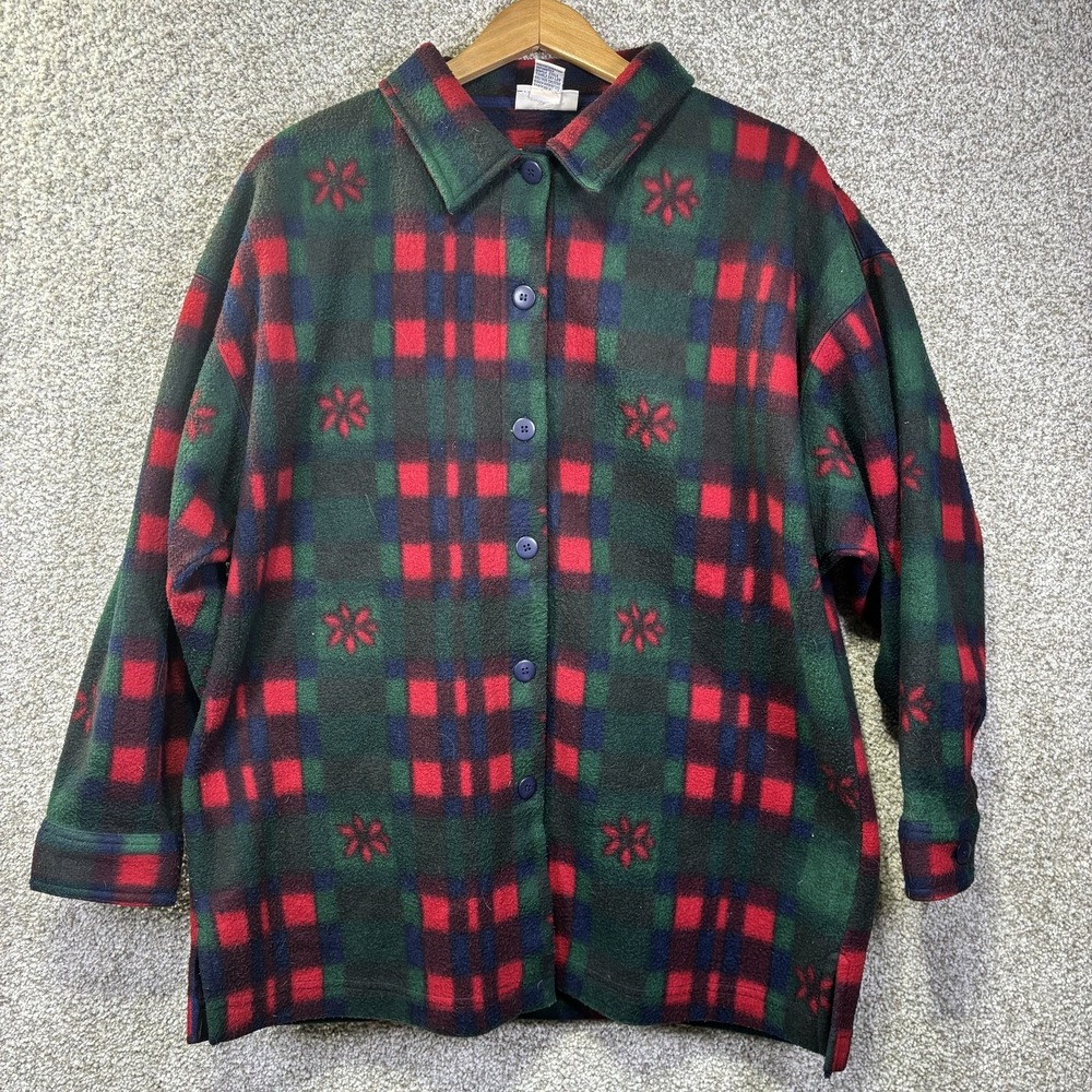 NorthCrest‎ Jacket Womens XL Green Fleece Plaid Button Front Cozy Warm Winter